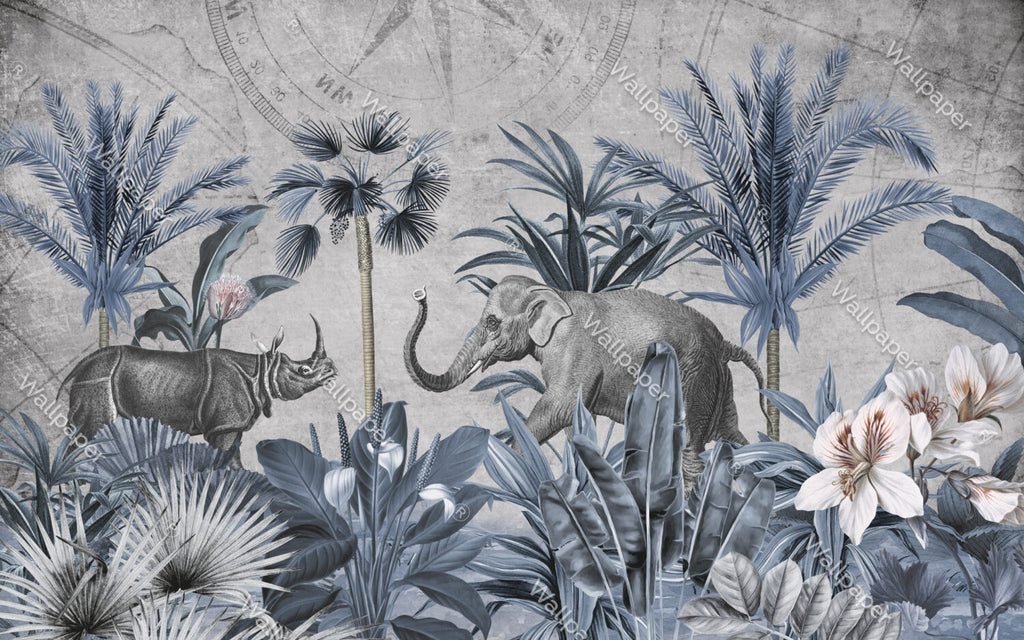 Blue Jungle Elephant Wallpaper : Rhino and Tropical Leaves Mural - View 2