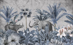 Blue Jungle Elephant Wallpaper : Rhino and Tropical Leaves Mural - View 2