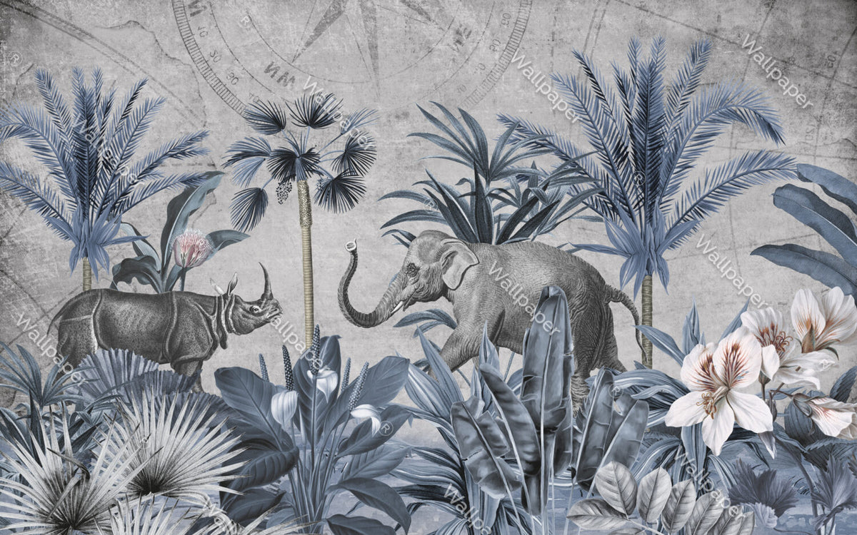 Blue Jungle Elephant Wallpaper : Rhino and Tropical Leaves Mural - View 2