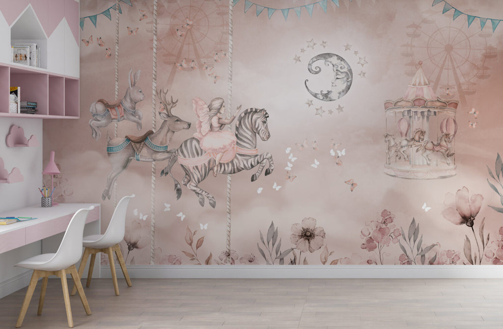 Dreamy Carousel Wallpaper : Pink Zebra and Butterflies Mural - View 3