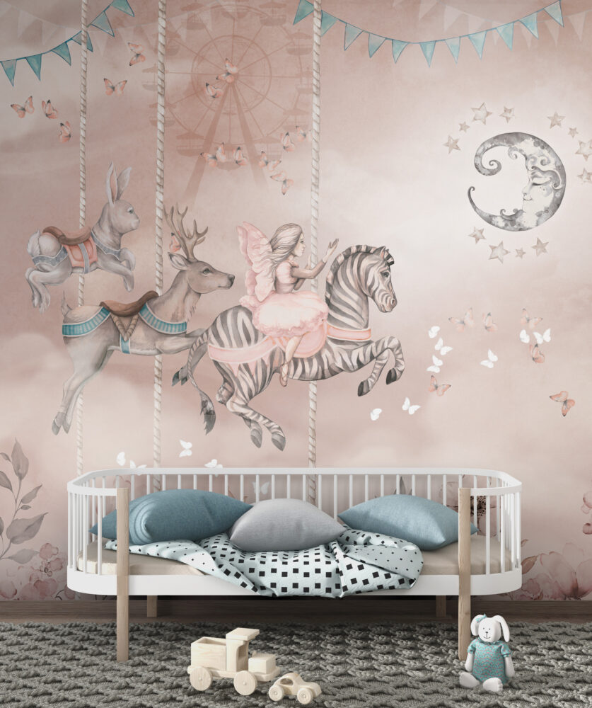 Dreamy Carousel Wallpaper : Pink Zebra and Butterflies Mural - View 4