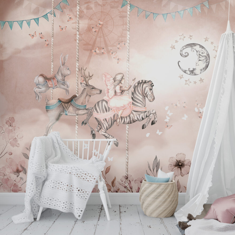 Dreamy Carousel Wallpaper : Pink Zebra and Butterflies Mural - View 5