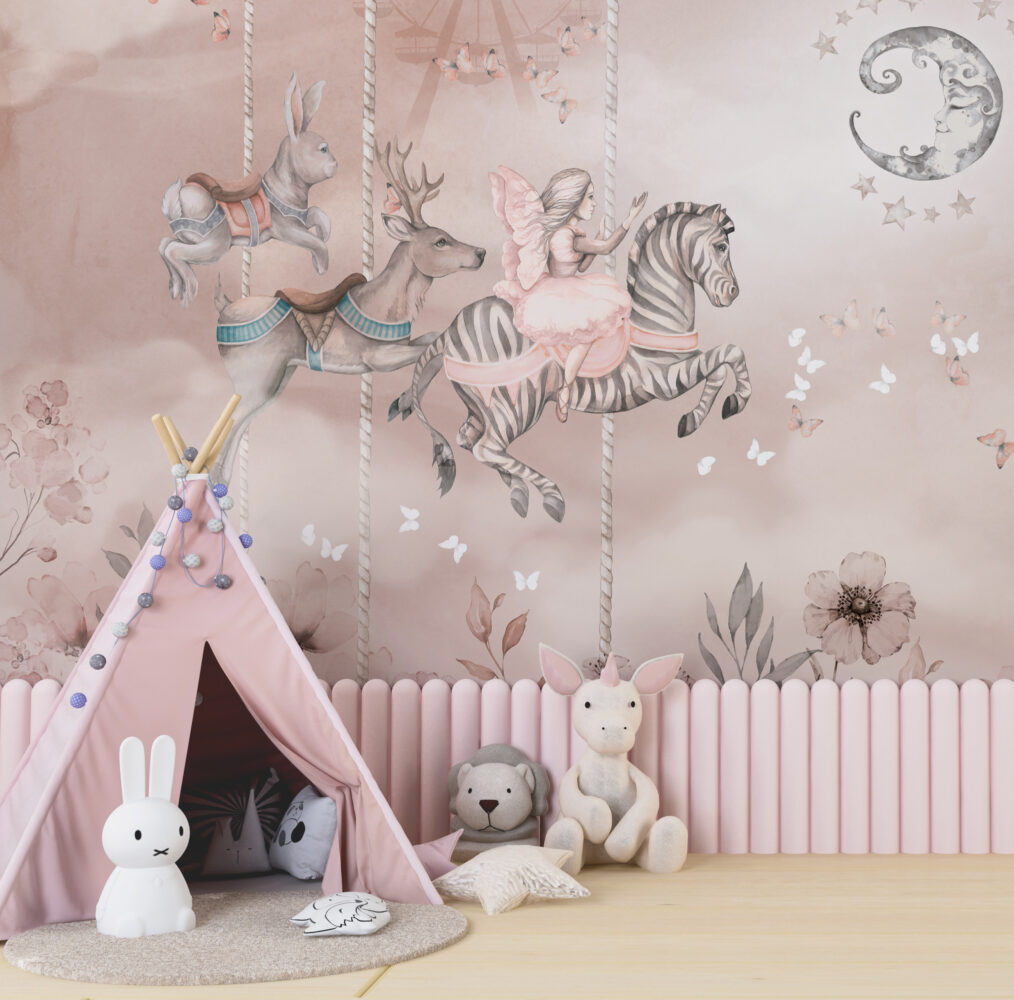 Dreamy Carousel Wallpaper : Pink Zebra and Butterflies Mural - View 6
