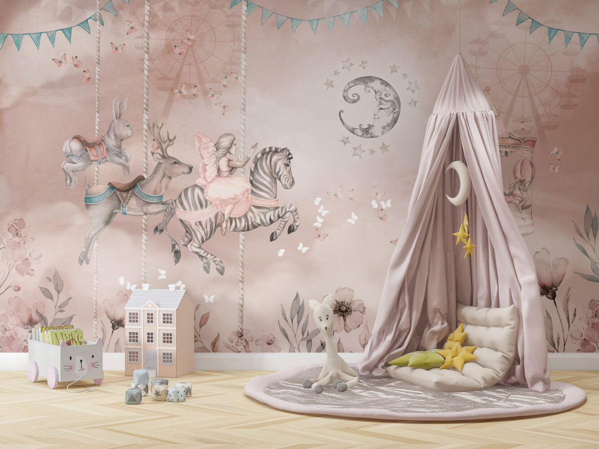 Dreamy Carousel Wallpaper : Pink Zebra and Butterflies Mural