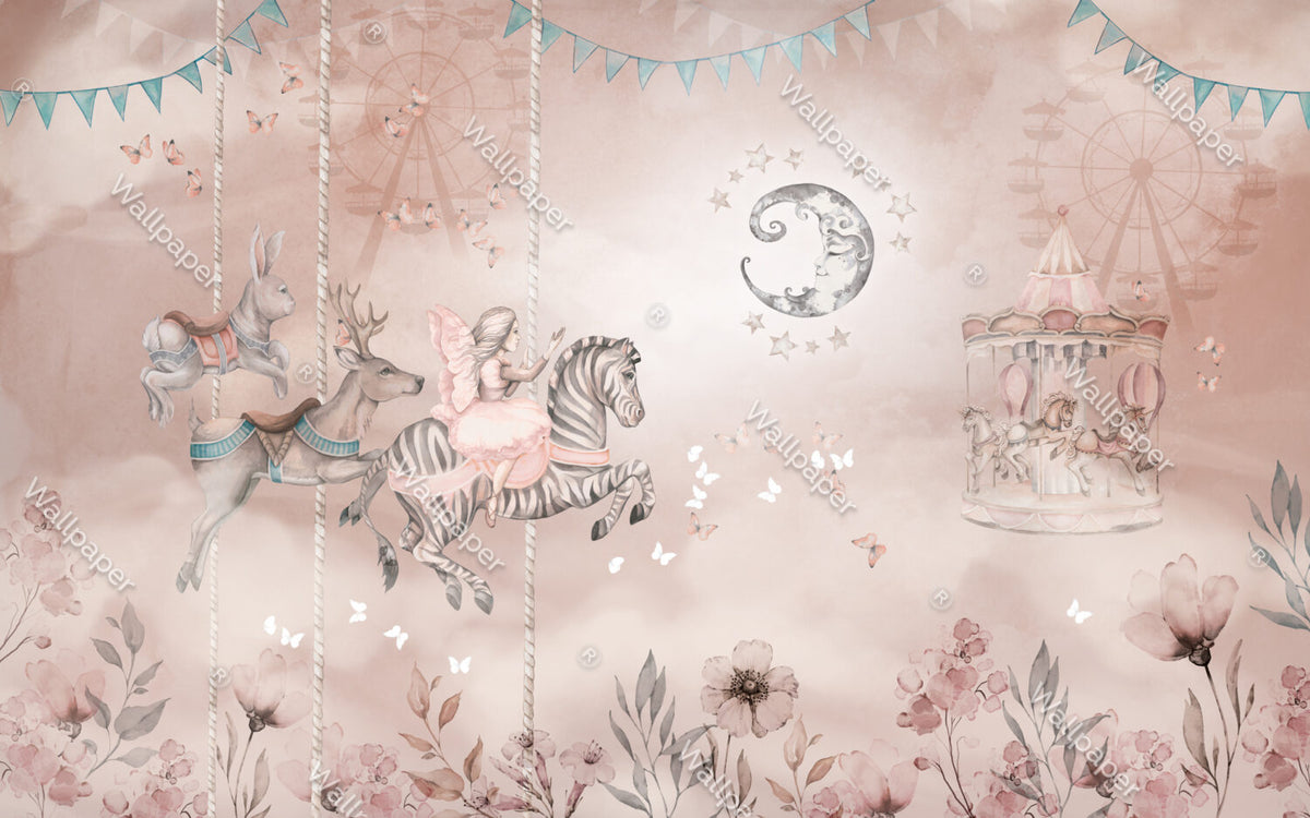 Dreamy Carousel Wallpaper : Pink Zebra and Butterflies Mural - View 2