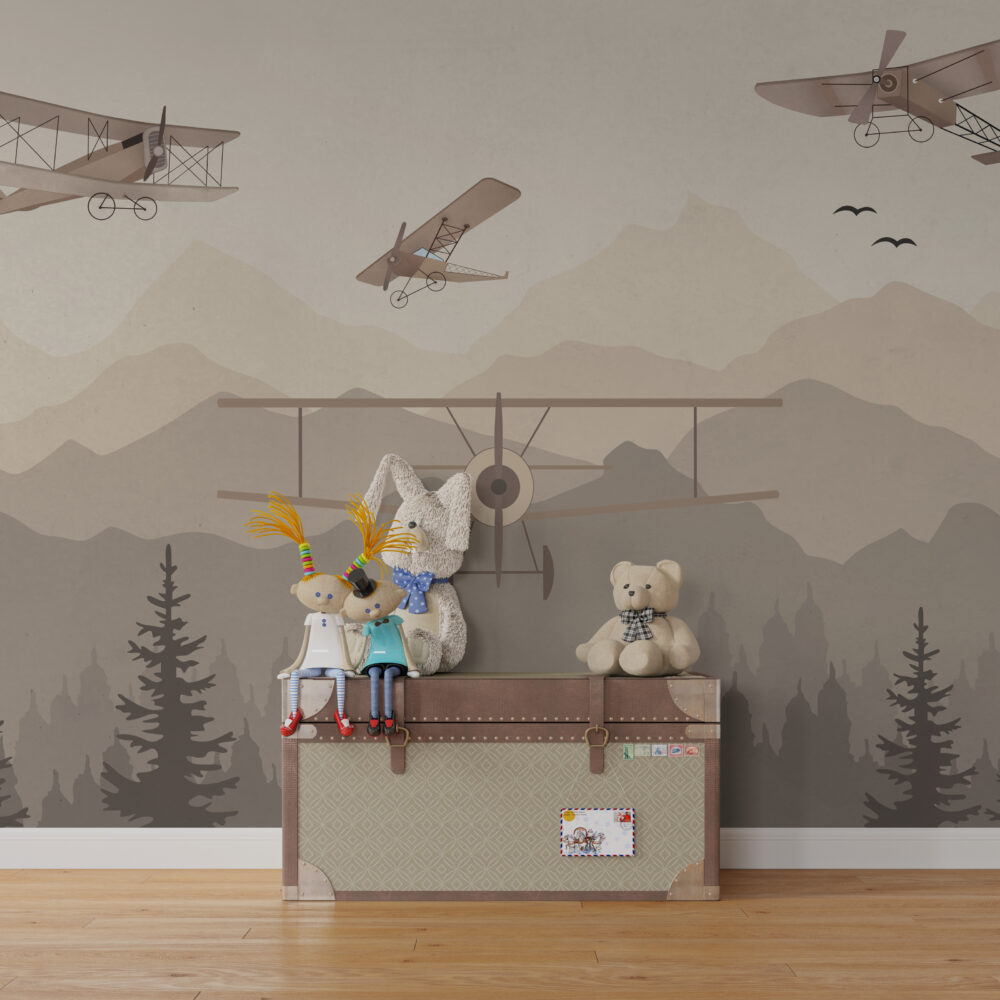 Vintage Biplane Forest Wallpaper : Mountain Sky Kids Mural - View 2
