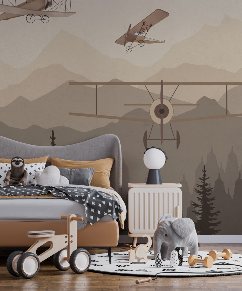 Vintage Biplane Forest Wallpaper : Mountain Sky Kids Mural - View 3
