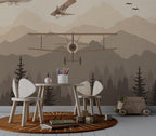 Vintage Biplane Forest Wallpaper : Mountain Sky Kids Mural