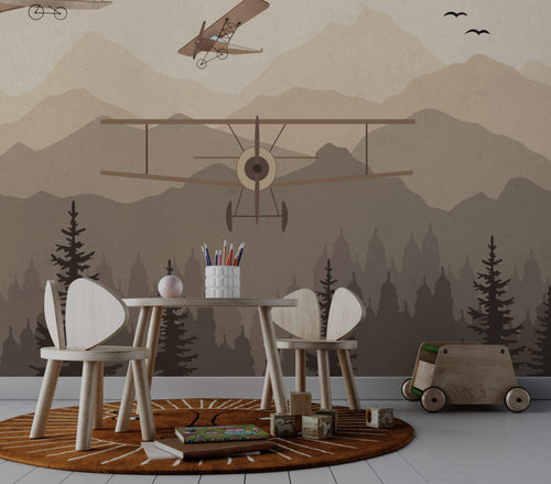 Vintage Biplane Forest Wallpaper : Mountain Sky Kids Mural