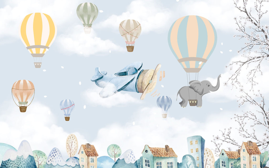 Airplane and Balloon Elephant Wallpaper : Sky Nursery Mural - View 2