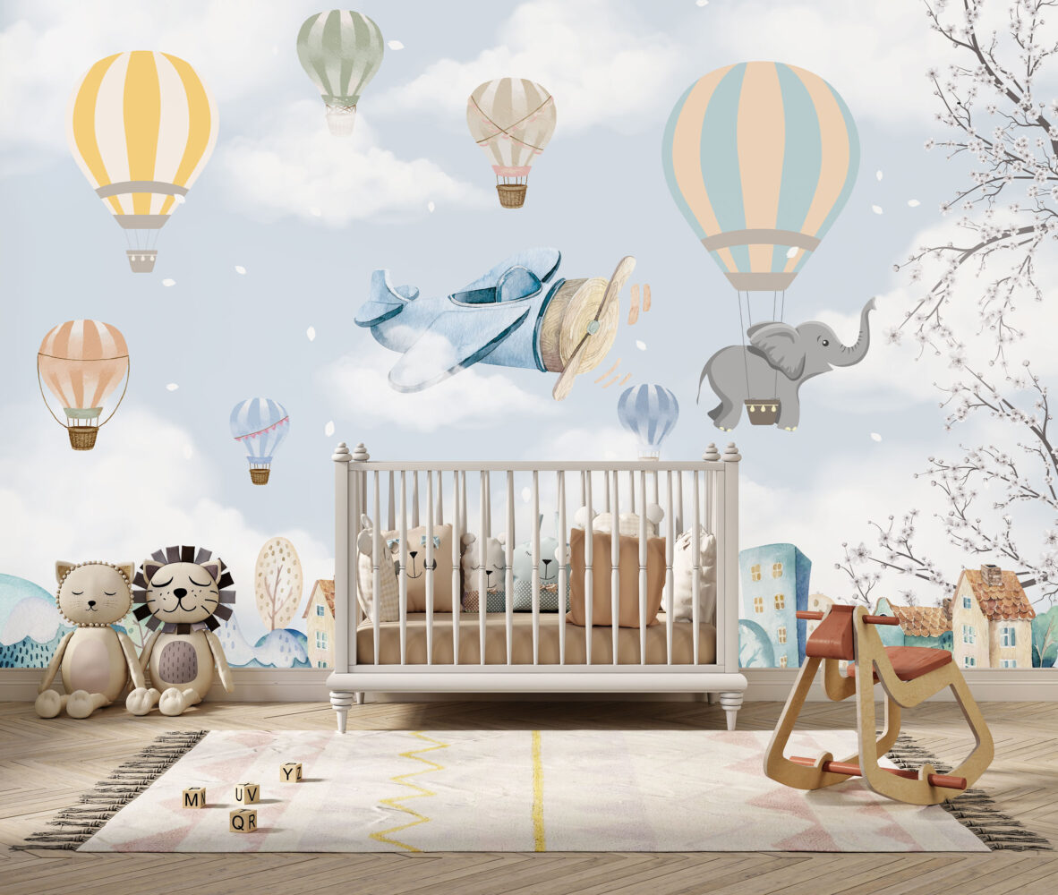 Airplane and Balloon Elephant Wallpaper : Sky Nursery Mural