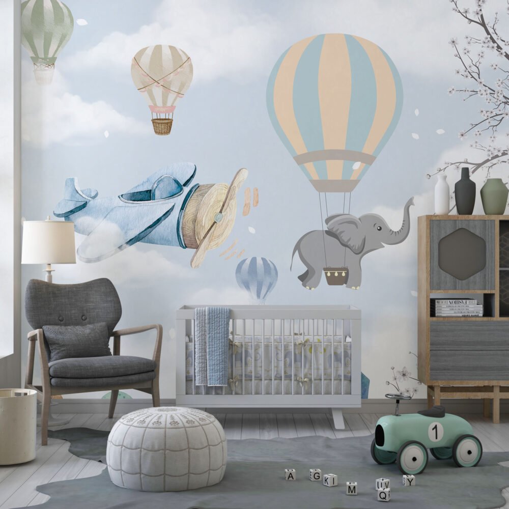 Airplane and Balloon Elephant Wallpaper : Sky Nursery Mural - View 4