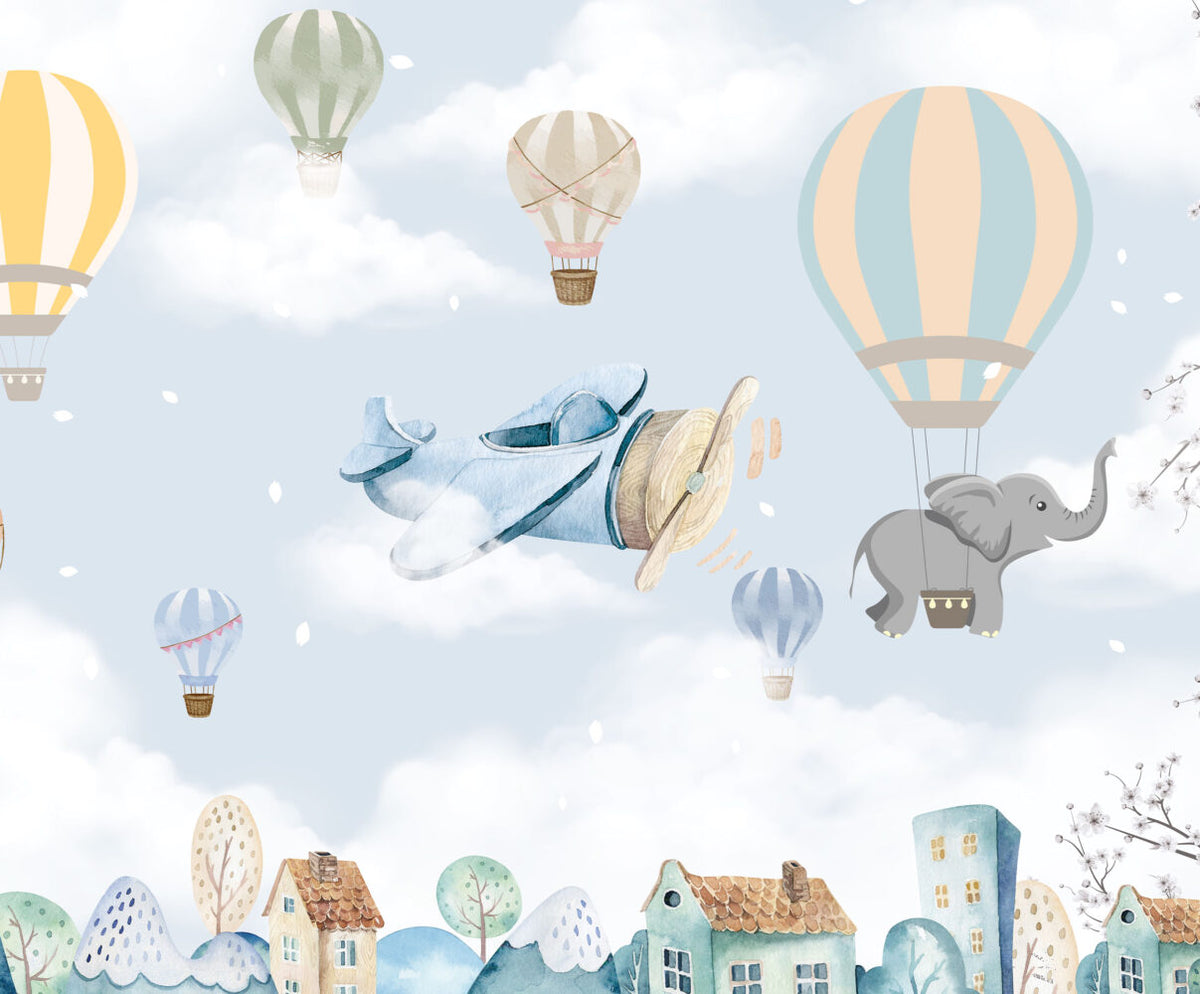 Airplane and Balloon Elephant Wallpaper : Sky Nursery Mural - View 5