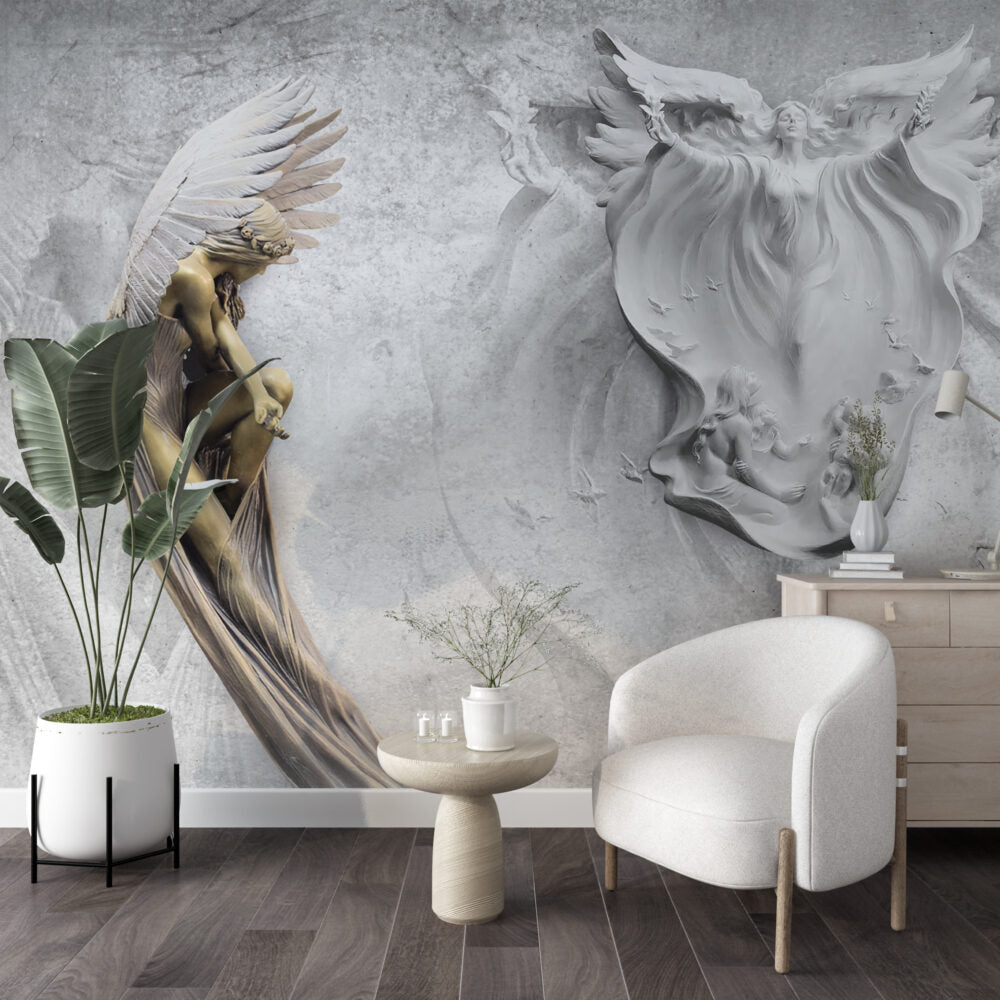 Angel Relief Wallpaper : 3D Grey Plaster Cherubs Mural