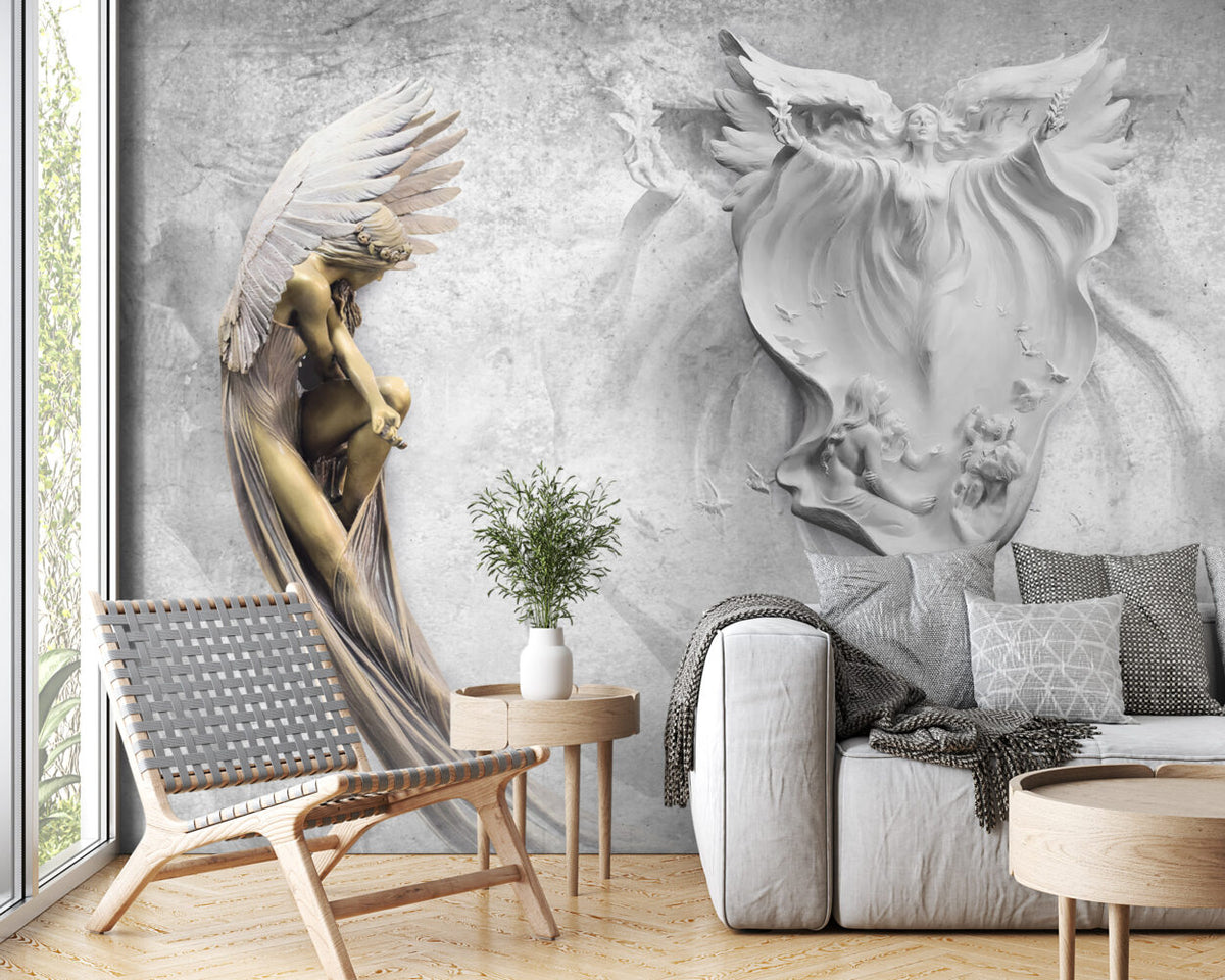 Angel Relief Wallpaper : 3D Grey Plaster Cherubs Mural - View 3