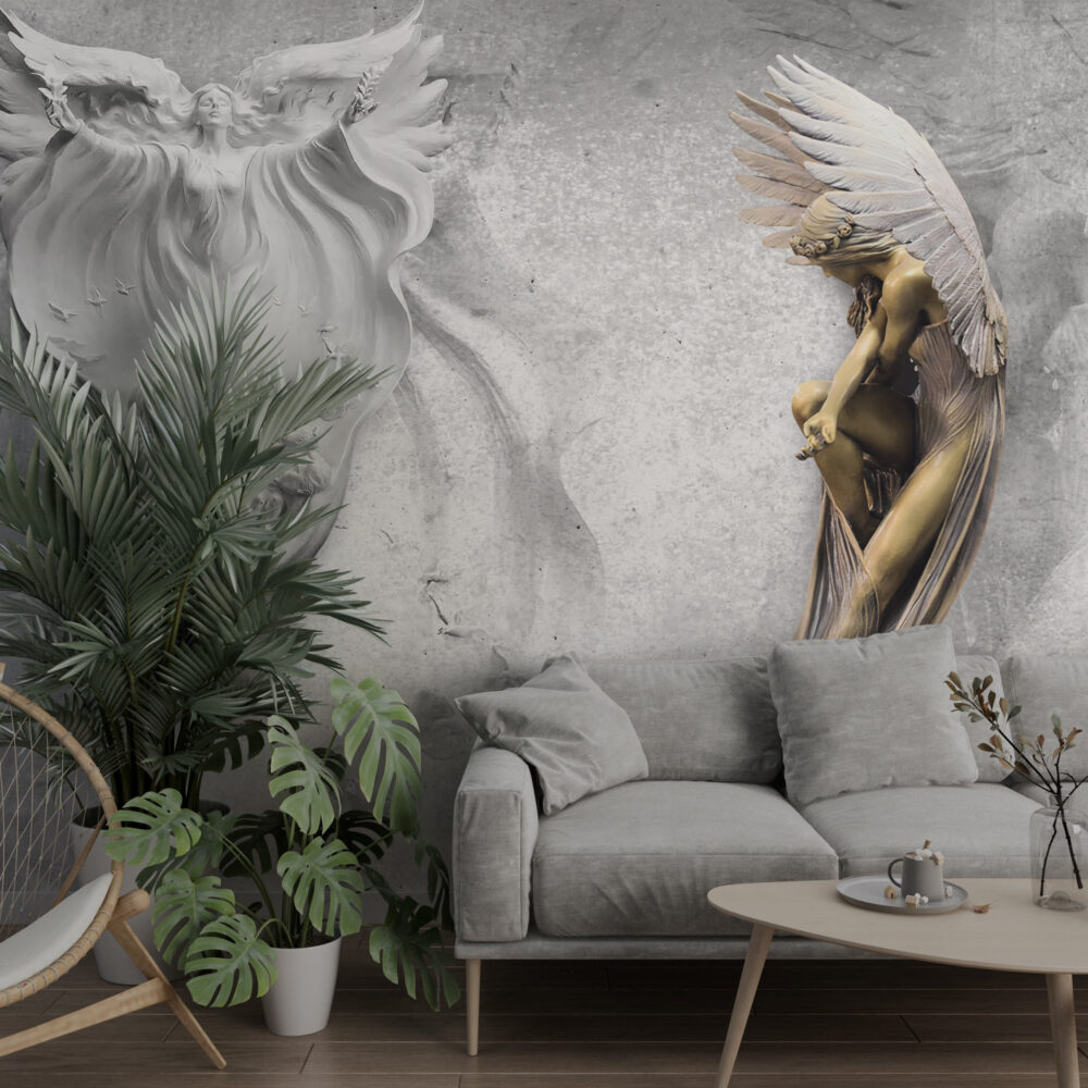 Angel Relief Wallpaper : 3D Grey Plaster Cherubs Mural - View 4
