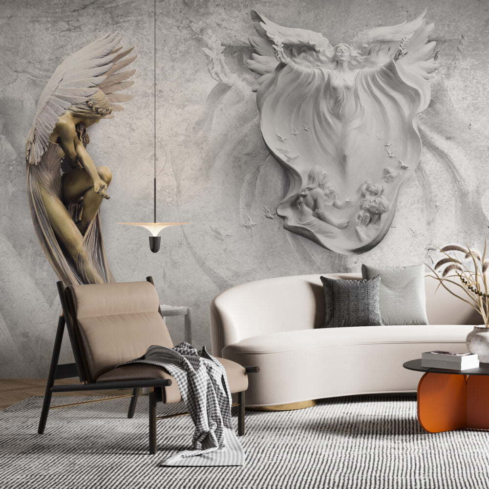 Angel Relief Wallpaper : 3D Grey Plaster Cherubs Mural - View 5