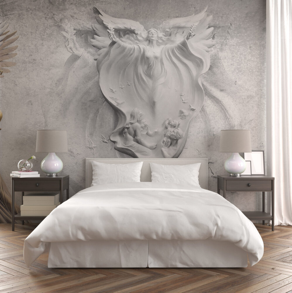 Angel Relief Wallpaper : 3D Grey Plaster Cherubs Mural - View 6