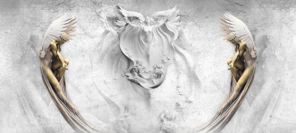 Angel Relief Wallpaper : 3D Grey Plaster Cherubs Mural - View 2