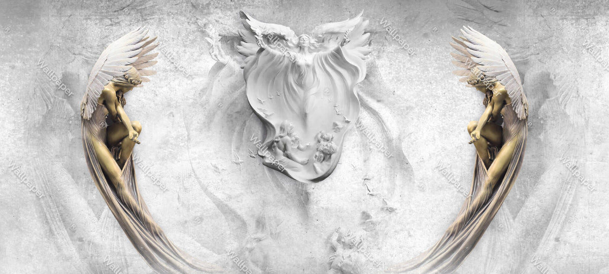 Angel Relief Wallpaper : 3D Grey Plaster Cherubs Mural - View 2
