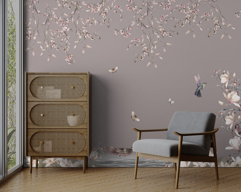 Hanging Blossoms Pheasant Wallpaper : Mauve Chinoiserie Mural - View 3
