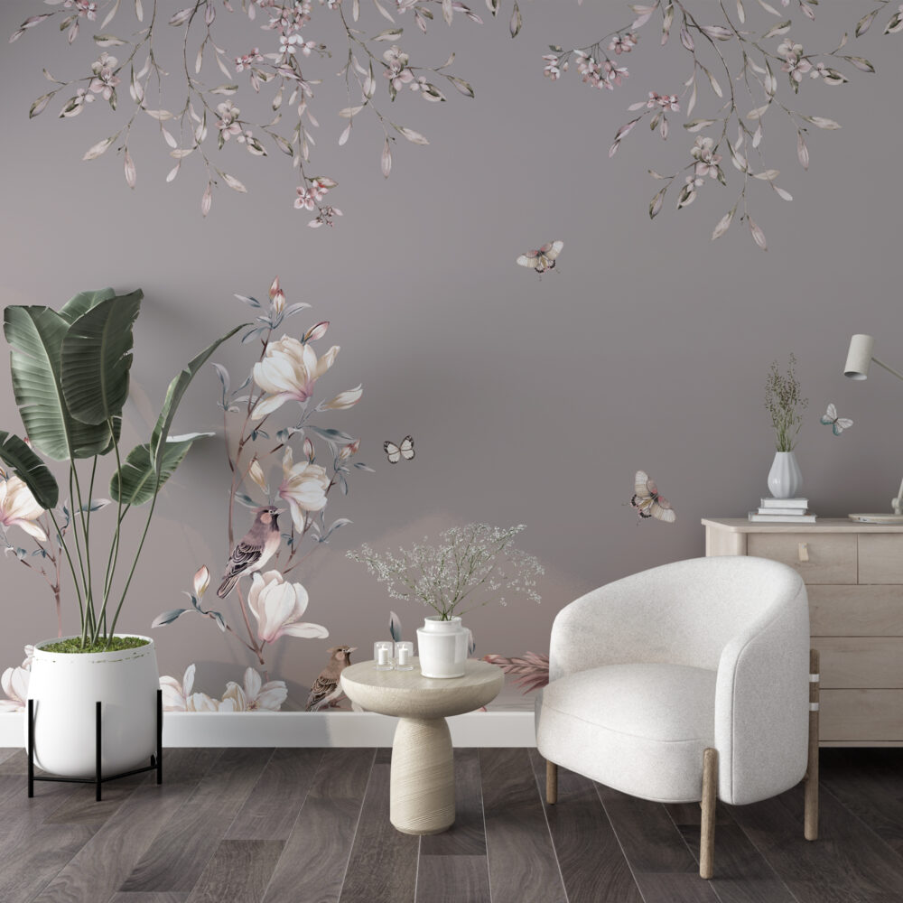 Hanging Blossoms Pheasant Wallpaper : Mauve Chinoiserie Mural - View 4