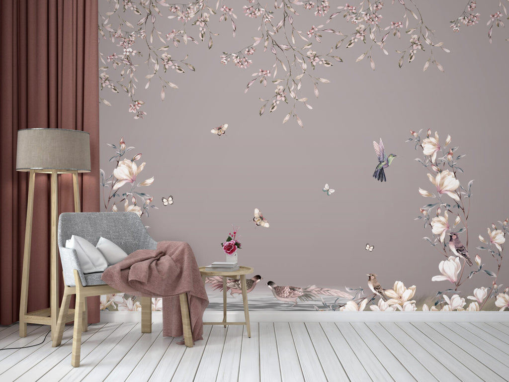 Hanging Blossoms Pheasant Wallpaper : Mauve Chinoiserie Mural - View 5