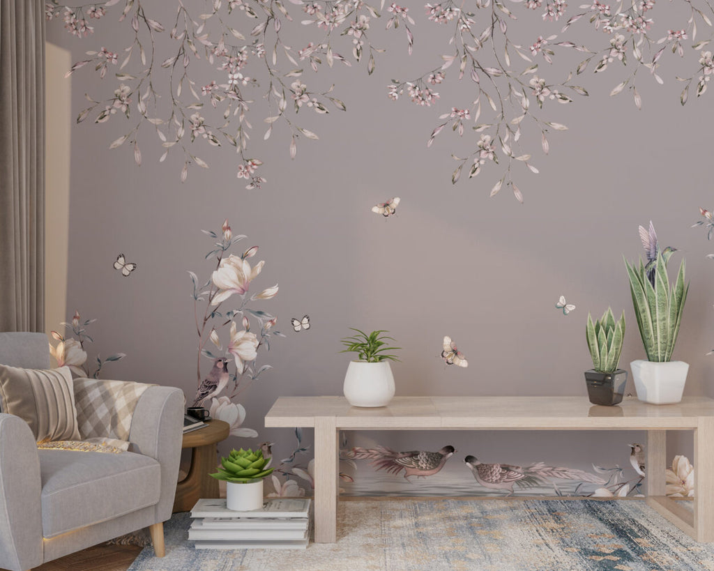Hanging Blossoms Pheasant Wallpaper : Mauve Chinoiserie Mural - View 6