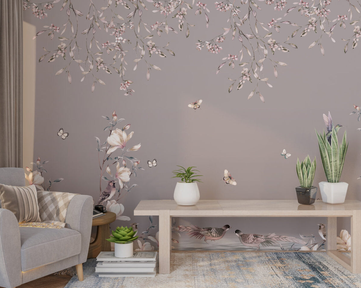 Hanging Blossoms Pheasant Wallpaper : Mauve Chinoiserie Mural - View 6