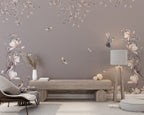 Hanging Blossoms Pheasant Wallpaper : Mauve Chinoiserie Mural
