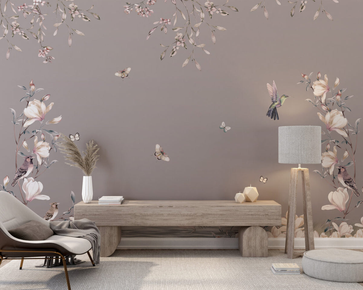 Hanging Blossoms Pheasant Wallpaper : Mauve Chinoiserie Mural