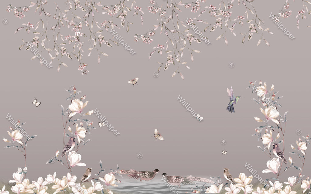 Hanging Blossoms Pheasant Wallpaper : Mauve Chinoiserie Mural - View 2