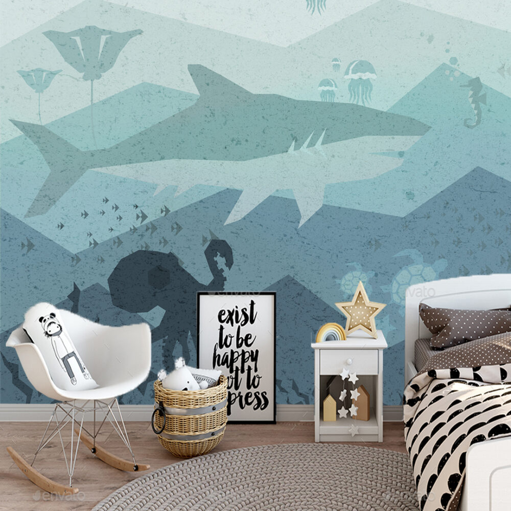 Underwater Whale Kids Wallpaper : Teal Ocean Octopus Mural