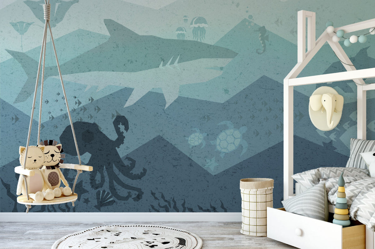 Underwater Whale Kids Wallpaper : Teal Ocean Octopus Mural - View 2