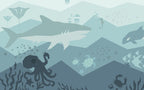 Underwater Whale Kids Wallpaper : Teal Ocean Octopus Mural - flat design