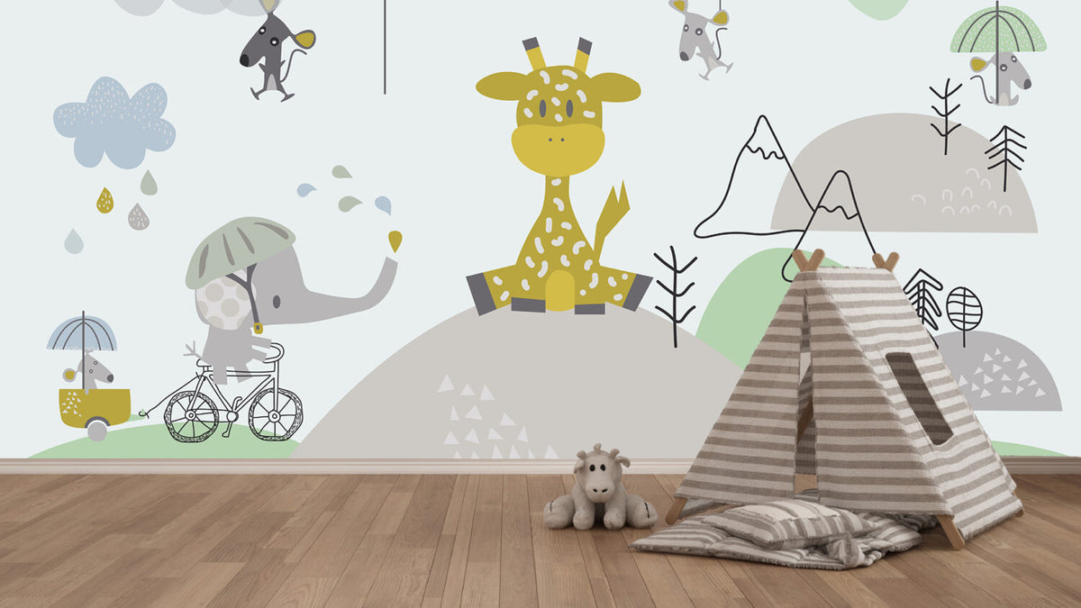 Cute Giraffe Kids Wallpaper : Pastel Safari Animals Mural - View 2