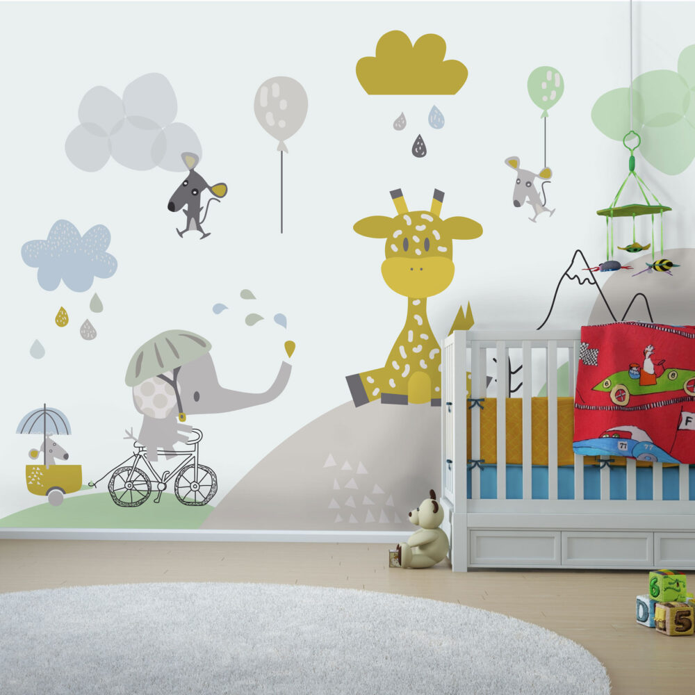 Cute Giraffe Kids Wallpaper : Pastel Safari Animals Mural - View 3