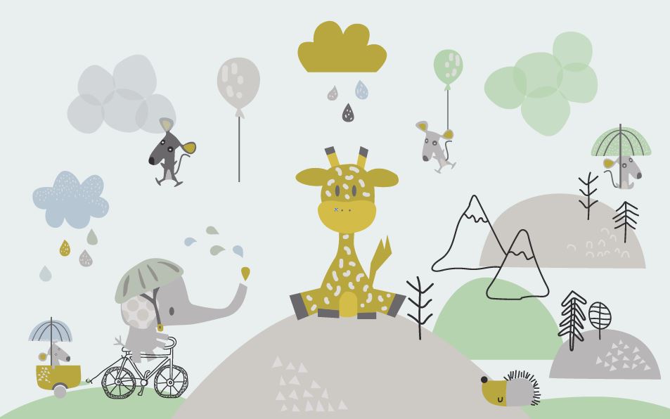 Cute Giraffe Kids Wallpaper : Pastel Safari Animals Mural - flat design