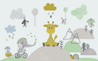 Cute Giraffe Kids Wallpaper : Pastel Safari Animals Mural - flat design
