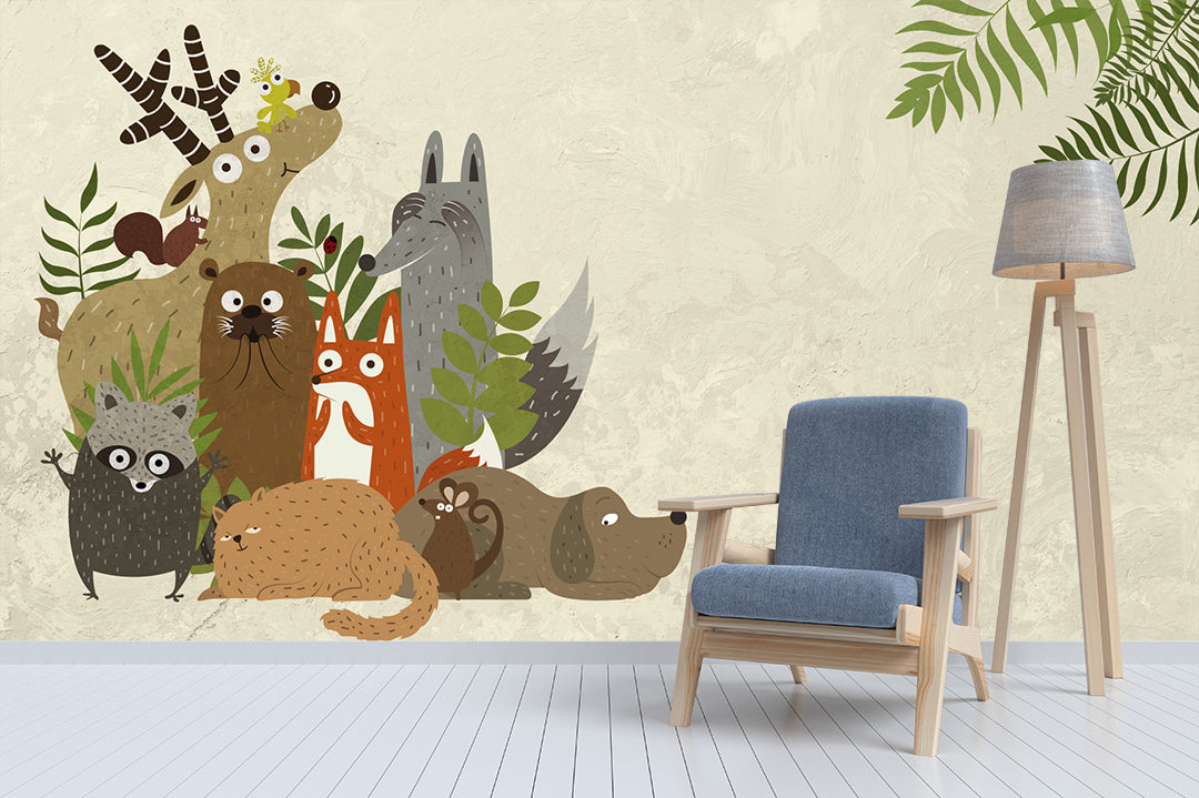Woodland Animal Friends Wallpaper : Cream Forest Critters Mural - View 2