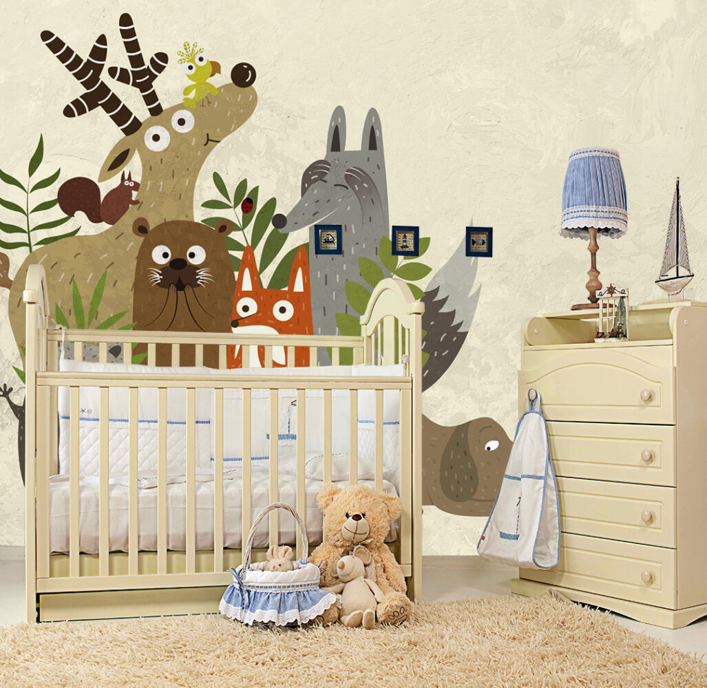 Woodland Animal Friends Wallpaper : Cream Forest Critters Mural - View 3