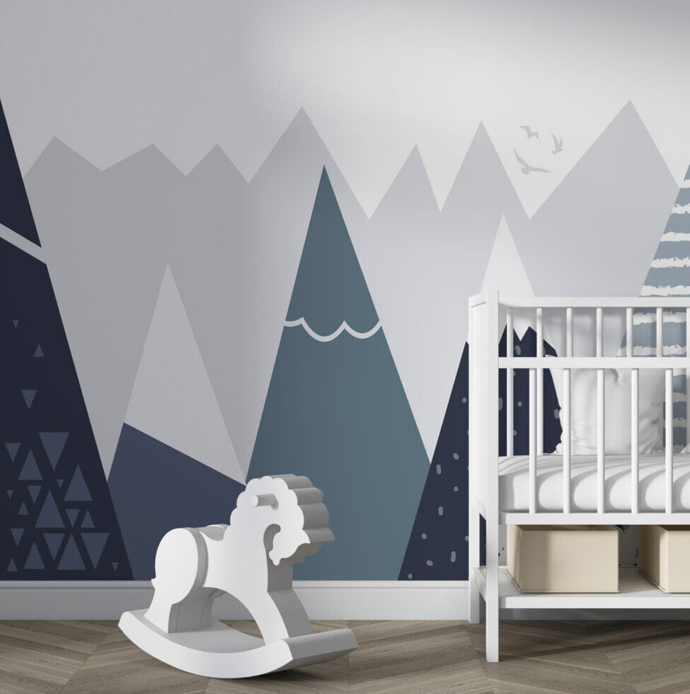 Pointed Mountain Kids Wallpaper : Navy Scandinavian Peaks Mural