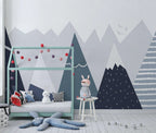 Pointed Mountain Kids Wallpaper : Navy Scandinavian Peaks Mural - View 2