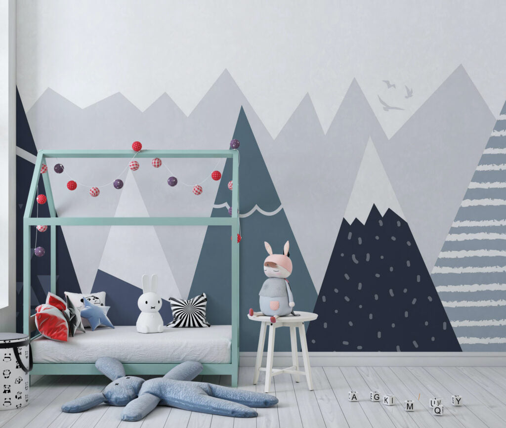 Pointed Mountain Kids Wallpaper : Navy Scandinavian Peaks Mural - View 2