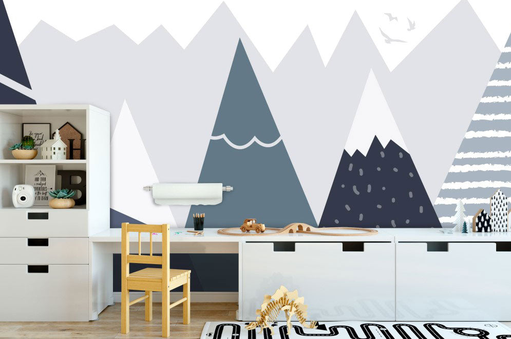 Pointed Mountain Kids Wallpaper : Navy Scandinavian Peaks Mural - View 3