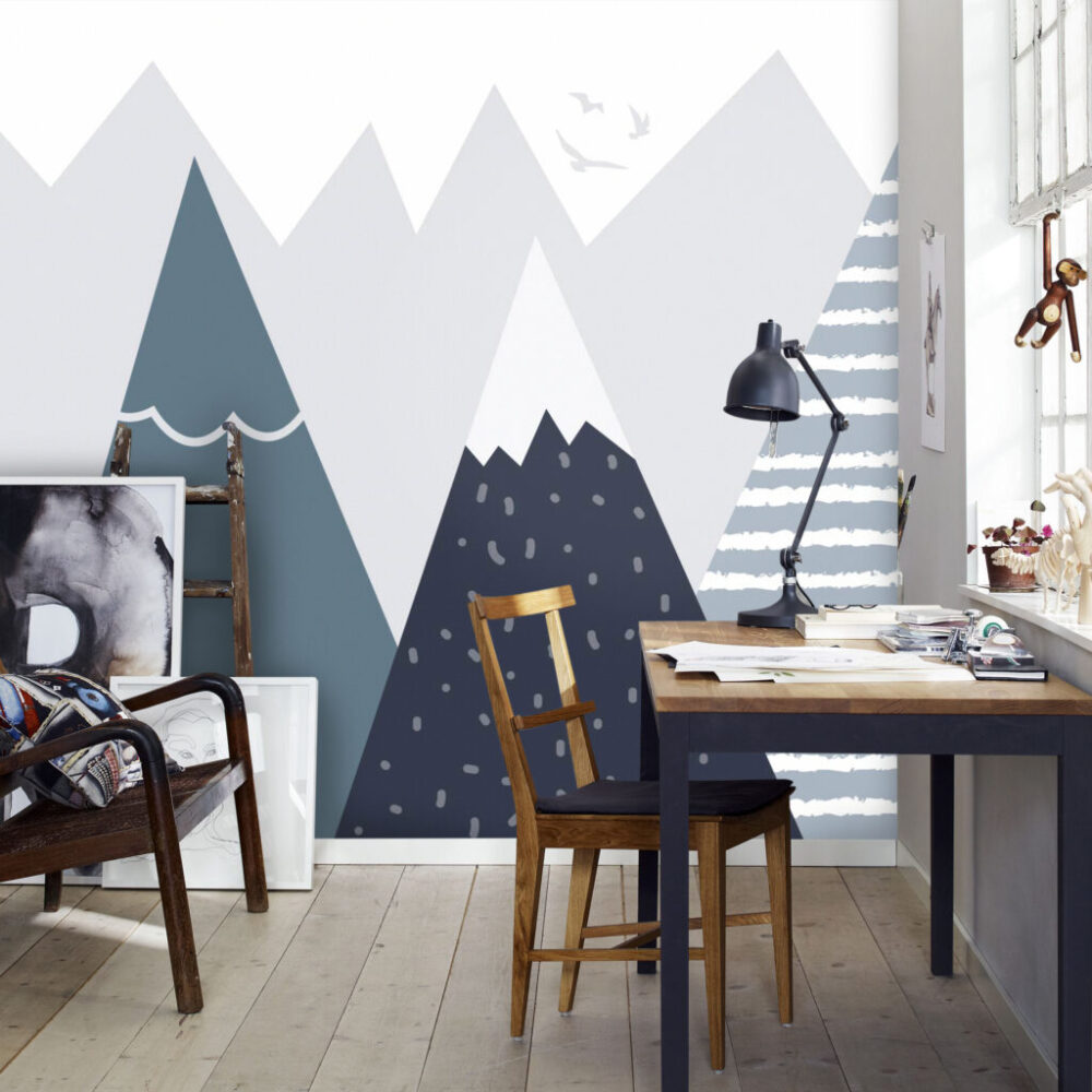 Pointed Mountain Kids Wallpaper : Navy Scandinavian Peaks Mural - View 5