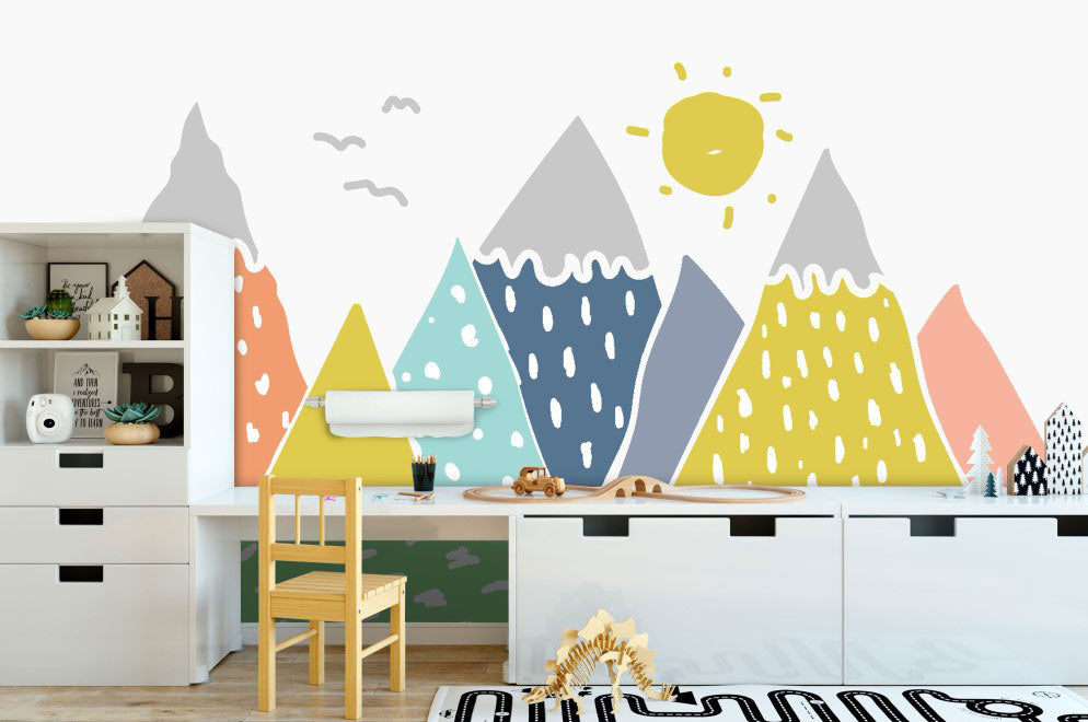Colorful Mountains Sun Wallpaper : Scandi Kids Mural - View 4