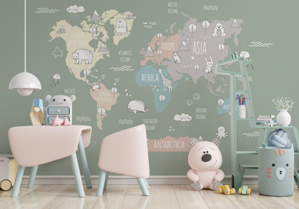 Sage Animal World Map Wallpaper : Kids Continents Mural