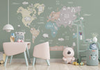 Sage Animal World Map Wallpaper : Kids Continents Mural
