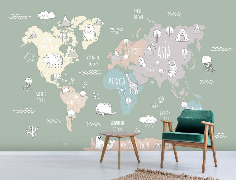 Sage Animal World Map Wallpaper : Kids Continents Mural - View 5